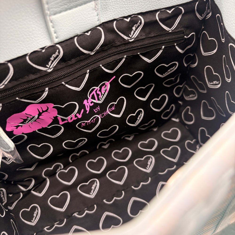 Luv Betsey Johnson Gingham LBRUFFLE Crossbody Tote Bag Blue White Heart Charm - Picture 6 of 12